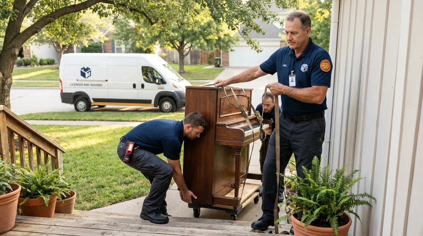 Licensed piano movers securing grand piano in Avon, MA