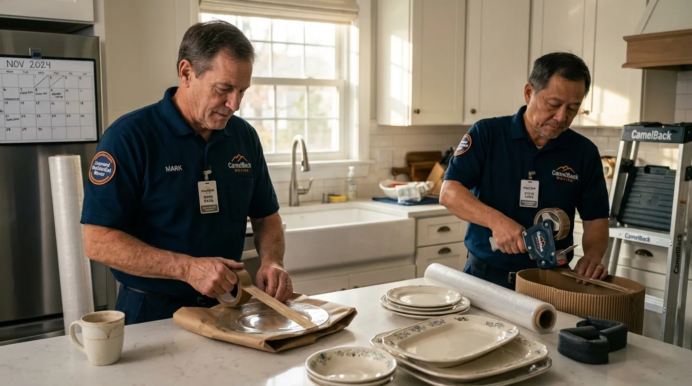 Professional crew packing kitchen dishware in Avon, MA